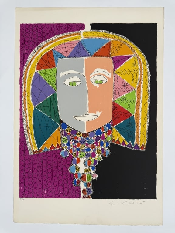 Gloria Vanderbilt (1924-2019) Signed Lithograph: Gloria Vanderbilt, American (1924-2019) signed lithograph "Egyptian Head". Signed lower right and numbered 281/300 lower left. Signed in pencil. Minor wear along the bottom and right edges of the work