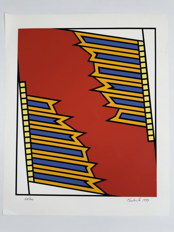 Nicholas Krushenick (1929-1999) Signed Serigraph: Nicholas Krushenick, American (1929-1999) signed serigraph "Silver Liner". Signed and dated 1977 lower right, numbered 64/200 lower left. Minor wear and blemishing around the borders of the work and s