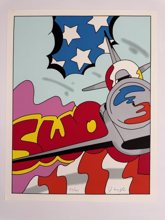 John 'Crash' Matos (b. 1961) Signed Lithograph: John 'Crash' Matos, American (b.1961) signed lithograph "American Thunderbirds". Signed and dated '03 lower right and numbered 53/100 lower center. Very minor wear on the corners of the work,