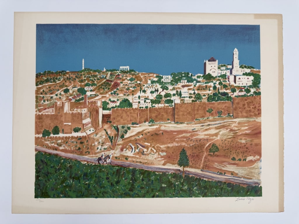 Louis Nizer (1902-1994) Signed Lithograph: Louis Nizer, English (1902-1994) signed lithograph "Jerusalem". Signed lower right and numbered 219/300 lower left. Minor wear and discoloration around the borders of the work, otherwise in good