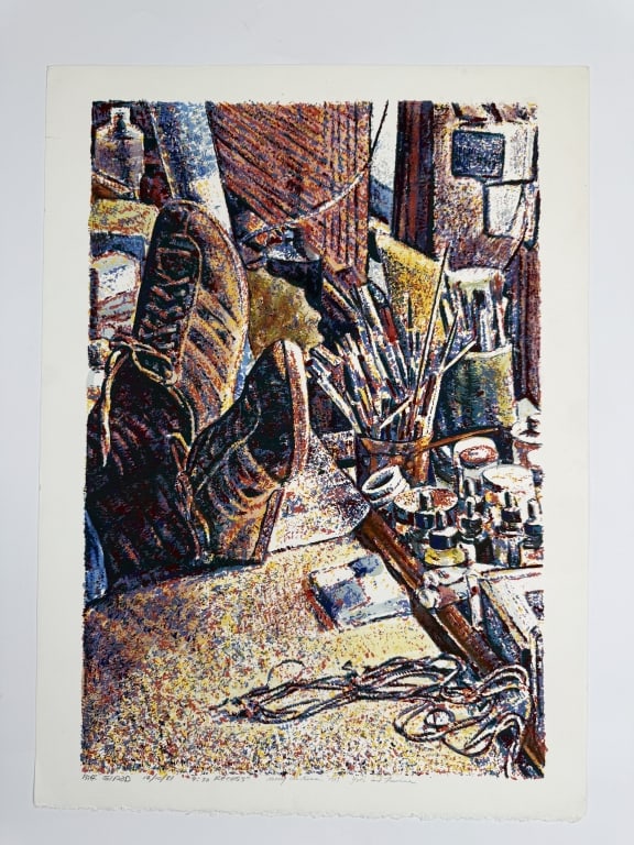 Biff Elrod (b. 1946) Signed Screenprint: Biff Elrod, American (b. 1946) signed screenprint "4:30 Recess". Signed, dated 12/10/81 and titled along the bottom of the work starting lower left. "Merry Christmas 1981 Yves and Francine?" Written