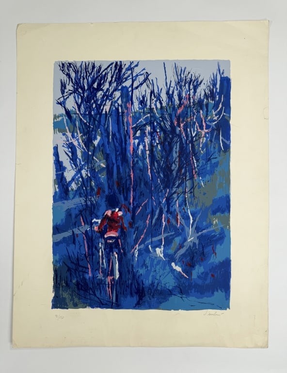 Nicola Simbari (1927-2012) Signed Lithograph: Nicola Simbari, Italian (1927-2012) signed lithograph "Boy on a Bicycle". Signed lower right and numbered 91/150 lower left. Signed in pencil. Embossed lower left. Some blemishes throughout the