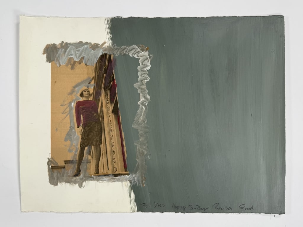 Artist Unknown Mixed Media/Paper: Artist Unknown mixed media collage on paper. Signed lower right. "For Yves Happy B Day" "Rain Pross??". Wear along the edges of the work, some blemishes and creasing on left and right side, otherwise