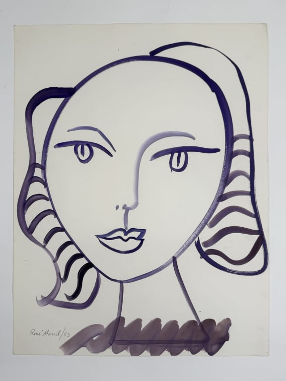 Rene Marcil (1917-1993) Gouache/Paper: Rene Marcil, Canadian (1917-1993) gouache on paper abstract portrait of a woman. Signed and dated '83 lower right. Minor wear along the edges of the work, otherwise in good condition. Measures 25