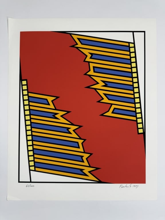 Nicholas Krushenick (1929-1999) Signed Serigraph: Nicholas Krushenick, American (1929-1999) signed serigraph "Silver Liner". Signed and dated 1977 lower right, numbered 65/200 lower left. Minor wear around the borders of the work and some surface scr