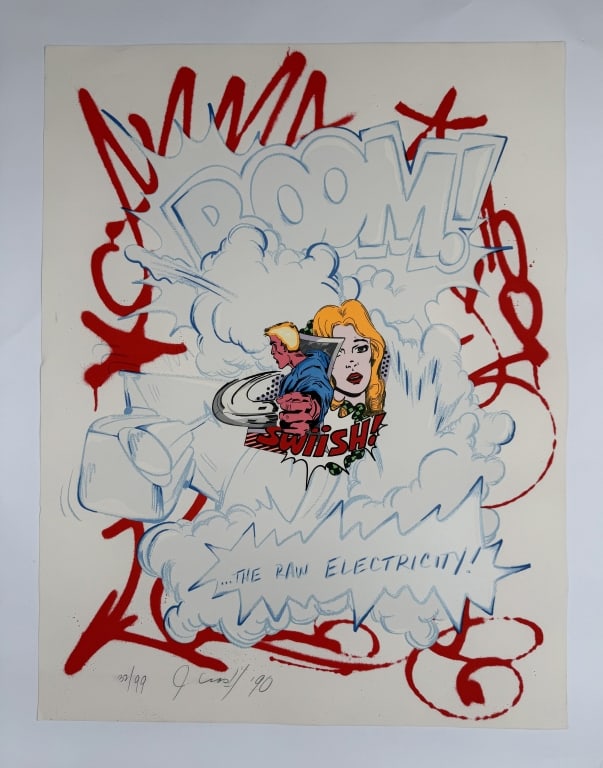 John 'Crash' Matos (b. 1961) Signed Serigraph: John 'Crash' Matos, American (b.1961) signed serigraph "Raw Electricity". Signed, dated '90 and numbered 32/99 lower left. Embossed lower right. Minor wear along the left side of the work, otherwise