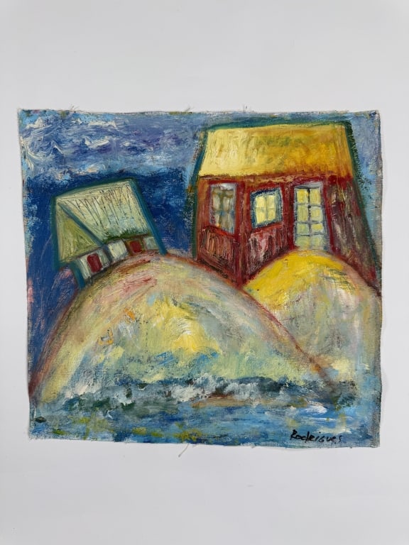 Hegina Rodrigues (20th century) Oil/Canvas: Hegina Rodrigues, Brazilian (20th century) oil on canvas "Houses". Signed lower right. Minor wear along the edges of the canvas, otherwise in good condition. Measures 19 1/2" x 20 7/8"