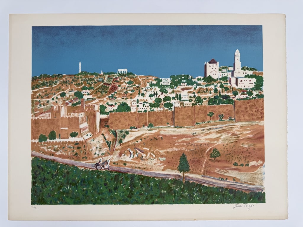 Louis Nizer (1902-1994) Signed Lithograph: Louis Nizer, English (1902-1994) signed lithograph "Jerusalem". Signed lower right and numbered 183/300 lower left. Minor wear and discoloration around the borders of the work, otherwise in good
