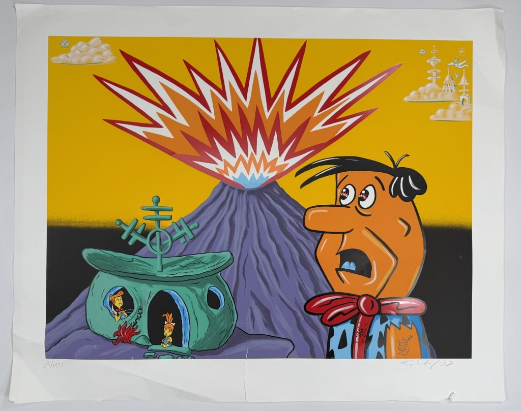 Kenny Scharf (b. 1958) Signed Serigraph: Kenny Scharf, American (b. 1958) signed serigraph "Flinstones". Signed and dated '97 lower right, numbered 25/150 lower left. Tear lower center, wear and creases along the edges of the work and some