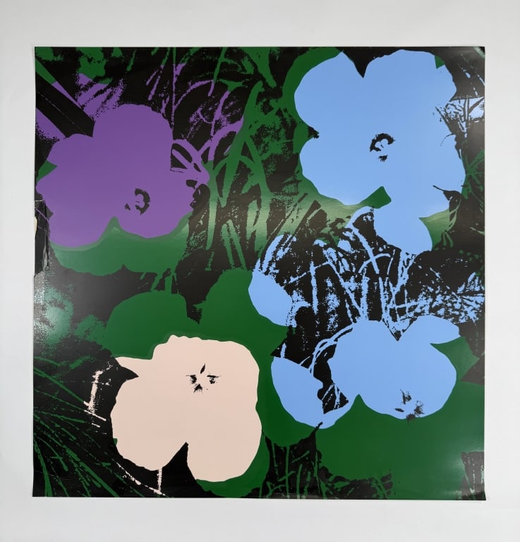 After: Andy Warhol (1928-1987) Serigraph: After: Andy Warhol, American (1928-1987) serigraph "Flowers II" produced by Sunday B. Morning. Stamped verso. Some creasing throughout and damage middle left of the work, minor cracking on print