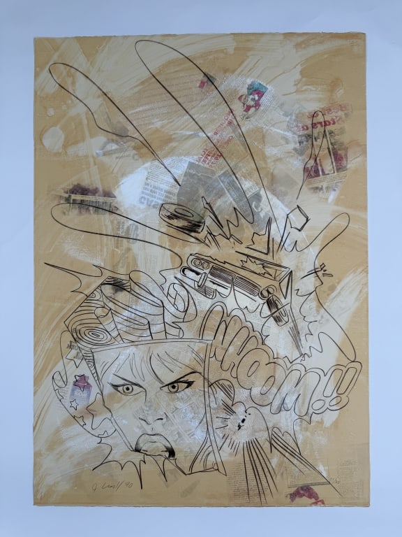 John 'Crash' Matos (b. 1961) Signed Serigraph: John 'Crash' Matos, American (b.1961) signed serigraph "WHOOM!!". Signed and dated '90 lower left, numbered 23/25 and embossed lower right. Minor wear along the edges of the work, otherwise in good