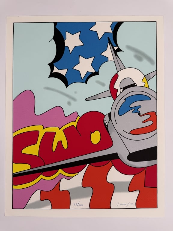 John 'Crash' Matos (b. 1961) Signed Lithograph: John 'Crash' Matos, American (b.1961) signed lithograph "American Thunderbirds". Signed and dated '03 lower right and numbered 54/100 lower center. Very minor wear on the corners of the work,