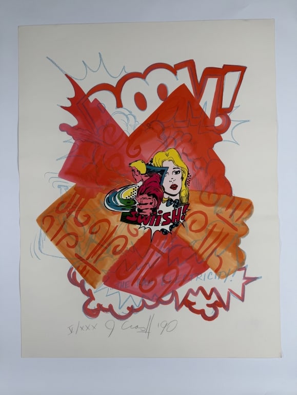 John 'Crash' Matos (b. 1961) Signed Serigraph: John 'Crash' Matos, American (b.1961) signed serigraph "Raw Electricity". Signed, dated '90 and numbered V/XXX lower left. Embossed verso lower left. Very minor creasing, otherwise in good condition.