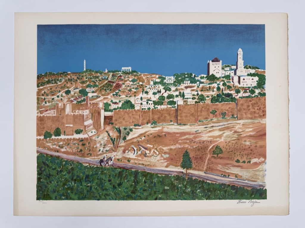 Louis Nizer (1902-1994) Signed Lithograph: Louis Nizer, English (1902-1994) signed lithograph "Jerusalem". Signed lower right and numbered 241/300 lower left. Minor wear and discoloration around the borders of the work, otherwise in good