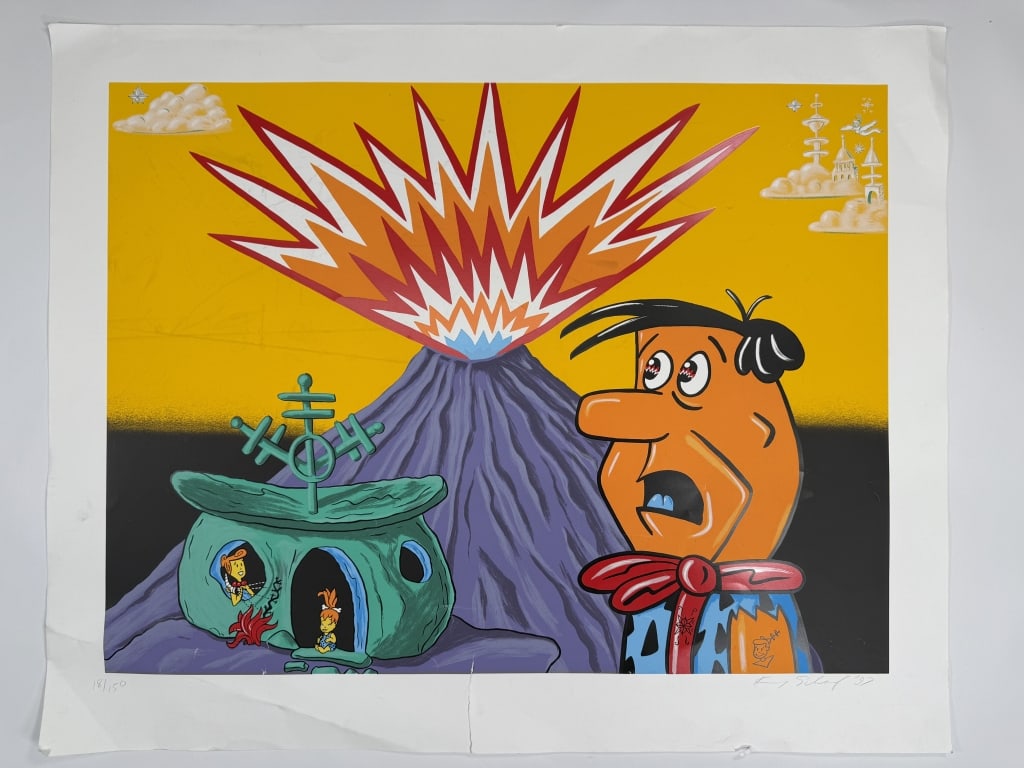 Kenny Scharf (b. 1958) Signed Serigraph: Kenny Scharf, American (b. 1958) signed serigraph "Flinstones". Signed and dated '97 lower right, numbered 18/150 lower left. Tear lower center, wear and creases along the edges of the work and some