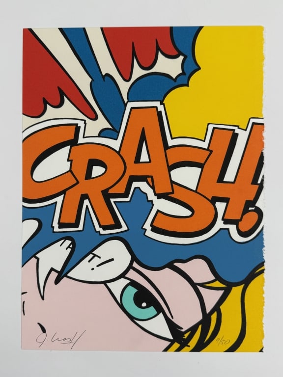 John 'Crash' Matos (b. 1961) Signed Serigraph: John 'Crash' Matos, American (b.1961) signed serigraph "Crash Orange". Signed lower left and numbered 9/50 lower right. Minor wear along the right side of the work, otherwise in good condition.
