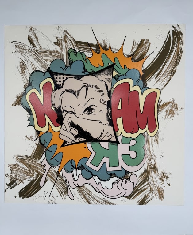 John 'Crash' Matos (b. 1961) Signed Serigraph: John 'Crash' Matos, American (b.1961) signed serigraph "K Blam". Signed lower left and numbered 30/99 lower right. Embossed lower right. Minor wear along the edges of the work, otherwise in good