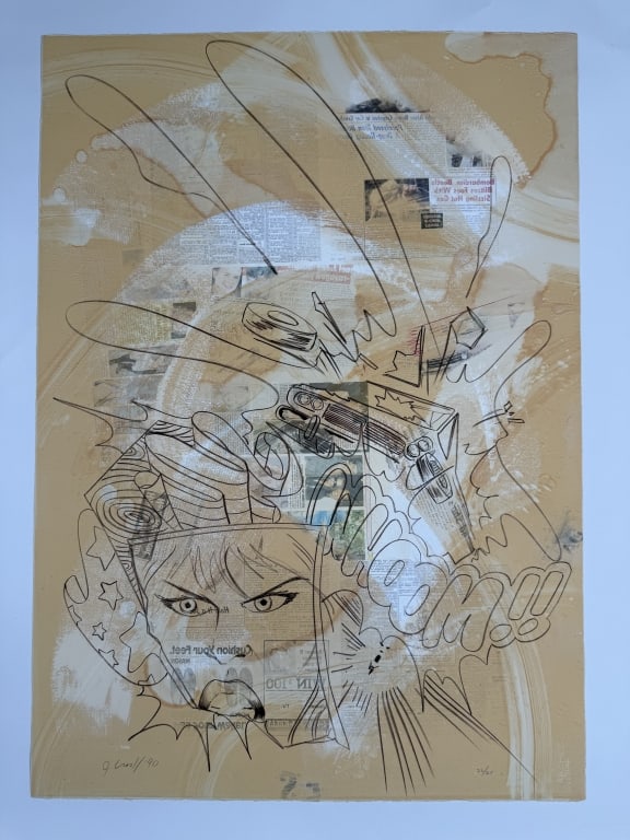 John 'Crash' Matos (b. 1961) Signed Serigraph: John 'Crash' Matos, American (b.1961) signed serigraph "WHOOM!!". Signed and dated '90 lower left, numbered 22/25 and embossed lower right. Minor wear along the edges of the work, otherwise in good