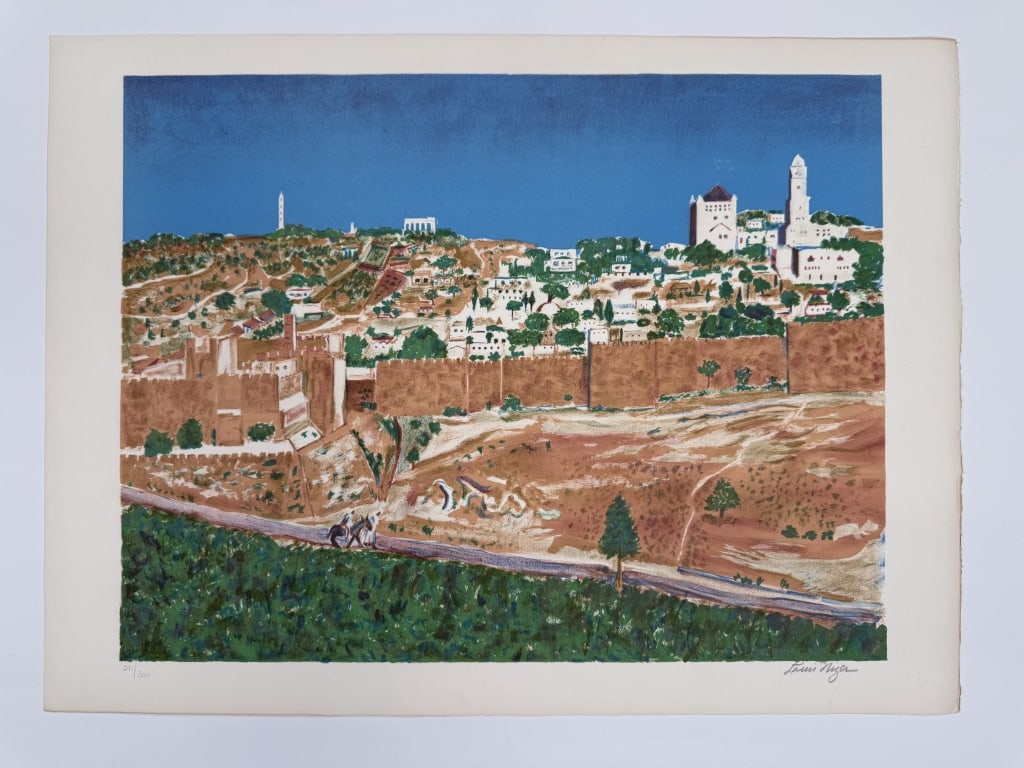 Louis Nizer (1902-1994) Signed Lithograph: Louis Nizer, English (1902-1994) signed lithograph "Jerusalem". Signed lower right and numbered 291/300 lower left. Minor wear and discoloration around the borders of the work, otherwise in good
