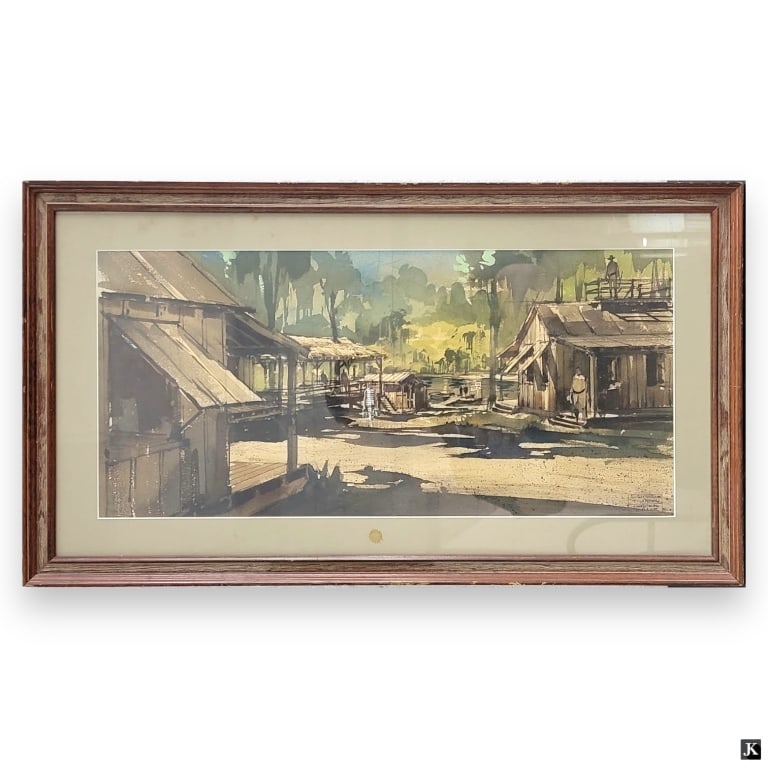 W. Major (USA 20th C) Prison Camp Watercolor: W. Major (AMERICAN, 20th Century) watercolor work on paper depicting a prison camps scene. Signed to lower right and denoted as done under the art direction of T. Larsen. Mounted in a wooden frame