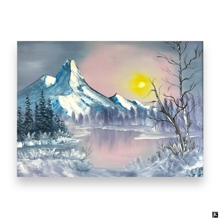 Daneri Winter Landscape Oil Painting On Canvas: Signed Daneri Oil on Canvas Winter Landscape Oil painting on canvas depicting a serene winter landscape with lake, trees, and mountains. Signed “Daneri” at lower left. Mounted in a pink
