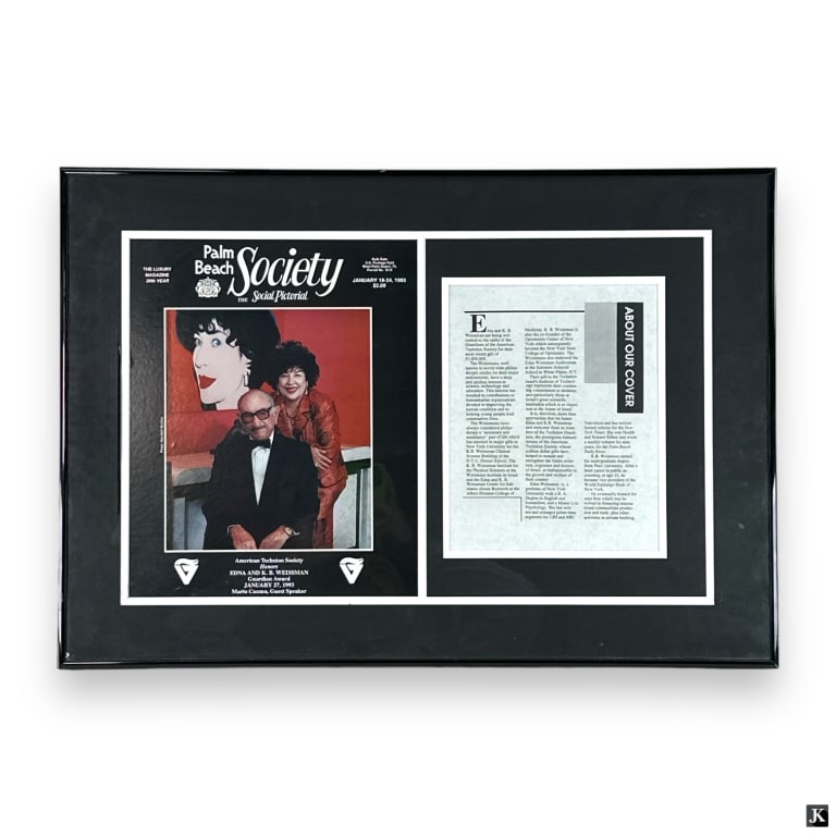Palm Beach Society Article Of Edna & KB Weissman: Palm Beach Society Luxury Magazine article featuring Edna and K. B. Weissman for the American Technion Society Honors. Mounted in a black tone metal frame with mat behind acrylic screen. Measures