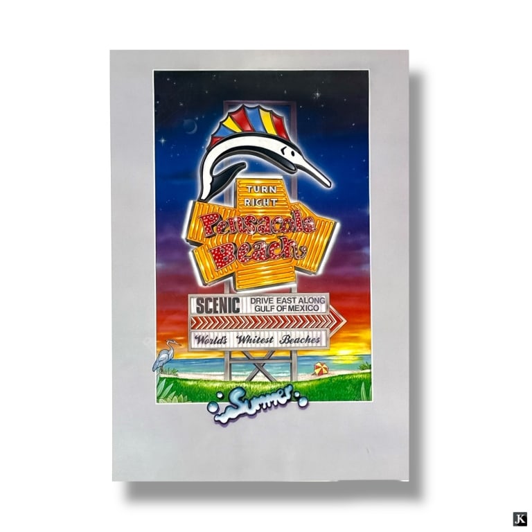 Framed Pensacola Beach Poster Print: Framed Pensacola Beach Poster Print Unsigned.Some scuffs and wear to frame or in good condition. Framed and under acrylic screen. Measures 31" x 25" overall including frame. Keywords: Pensacola