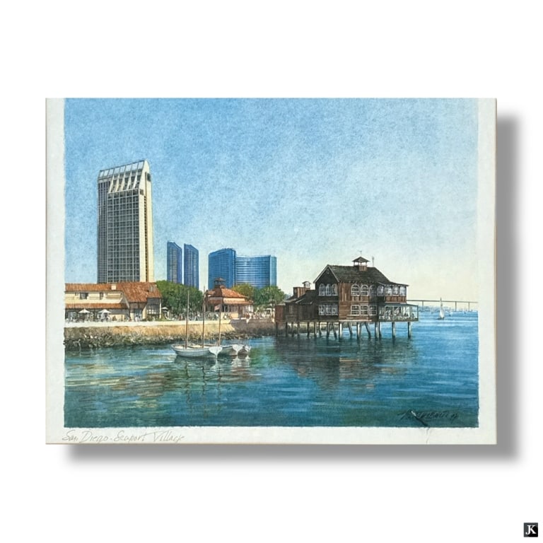 Decorative Framed Color Print "San Diego": Decorative color print titled “San Diego Seaport Village”, signed in print.Framed and presented under glass screen.No visible flaws; in good condition.Measures 20 1/2" H x 24 1/2" W overall