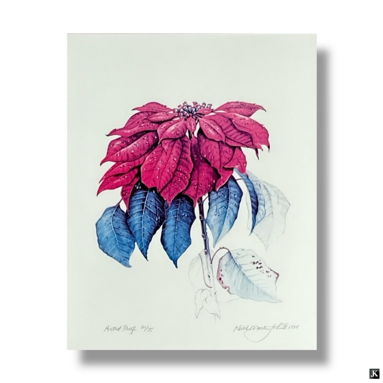 Keith Martin Johns Color Lithograph "Poinsettia": Color lithograph titled “Poinsettia” by Keith Martin Johns. Artist’s proof, pencil signed and numbered 21/75. Framed and presented under non-glare glass.Colors are faded; otherwise in good c