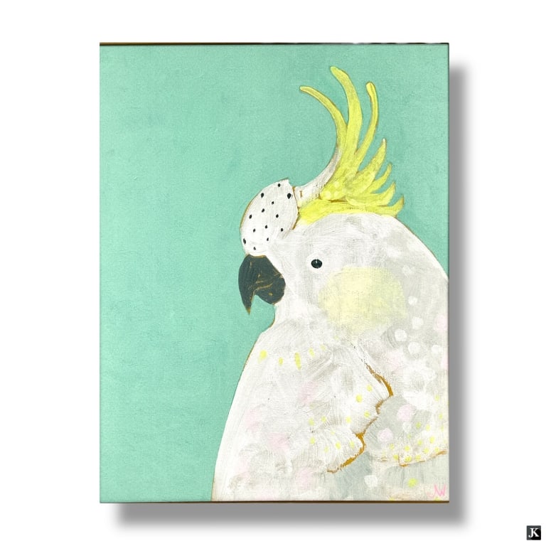 Decorative Canvas Print "Cockatiel": Decorative Canvas Print "Cockatiel". Initialed lower right. Good condition. Measures 30" x 24" overall including frame. Keywords: bird art, cockatiel, decorative wall décor, framed canvas, modern