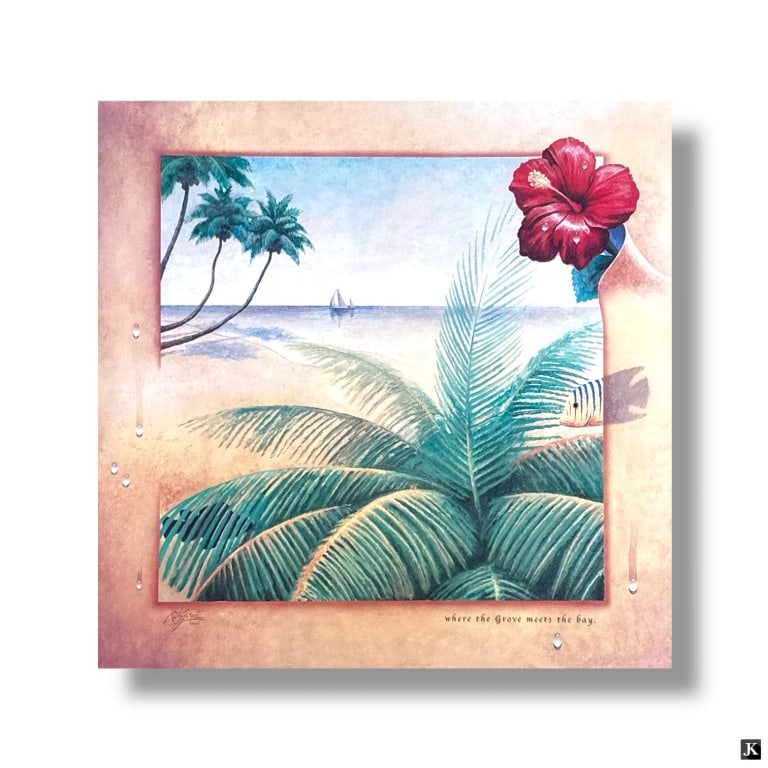 Decorative Framed Color Print: Decorative Framed Color Print "Where the Grove Meets the Bay". Framed and presented under glass. Good condition. Measures 28" x 28" overall including frame. Keywords: coastal art, landscape print, fra