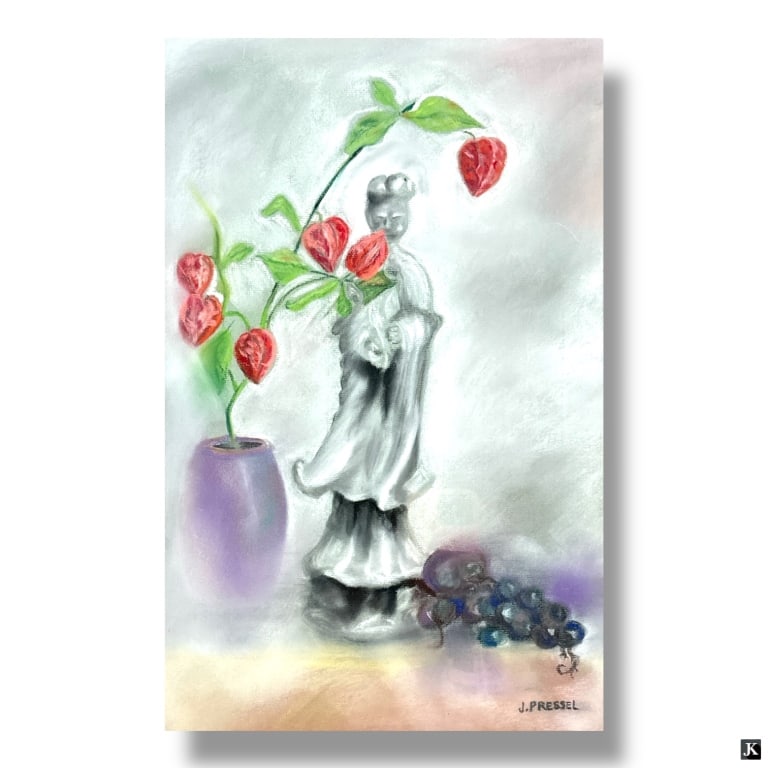 2 Vintage Pastel Still Life Drawings J. Pressel: 2 Vintage Pastel Still Life Drawings. Signed J. Pressel. Framed under glass screen. Good condition. Measures 17" x 11" (sight) Frames measure 23" x 17" Keywords: pastel still life, vintage art, J. Pre