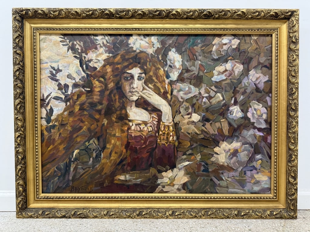 Attributed Mikhail Vrubel (1856-1910) Oil/Canvas: Attributed Mikhail Vrubel, Russian (1856-1910) oil on canvas "Muse". Signed lower left. Minor wear on bottom left corner of the frame, otherwise in good condition. Frame measures 33" x 44 1/2" Work me