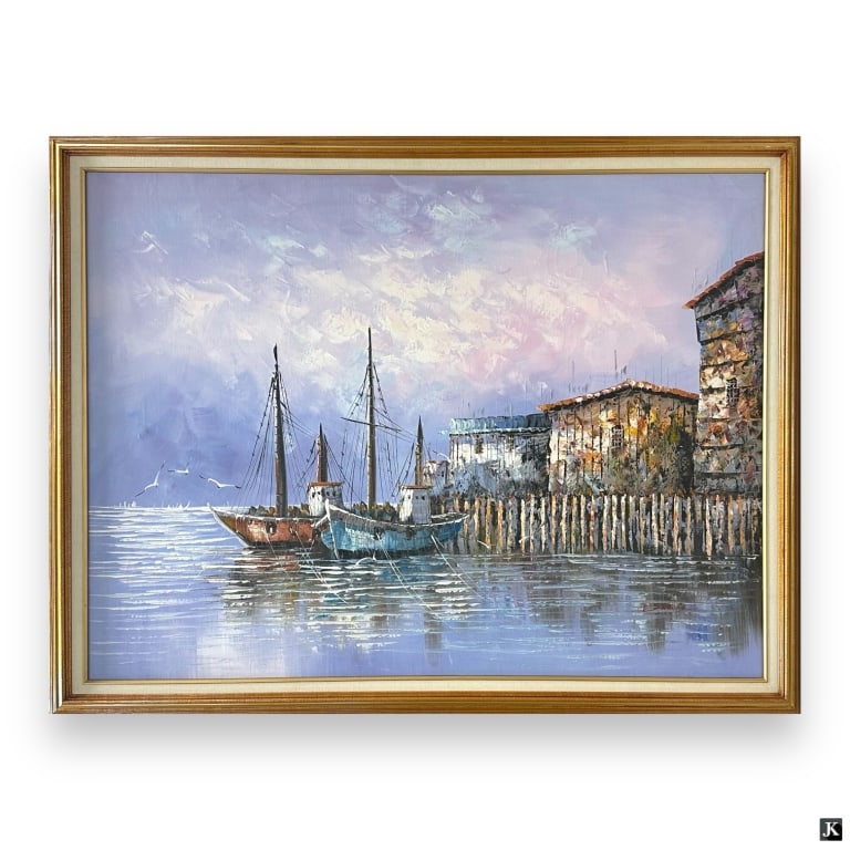Signed Davis Large Harbor Scene Oil On Canvas (1 of 6)