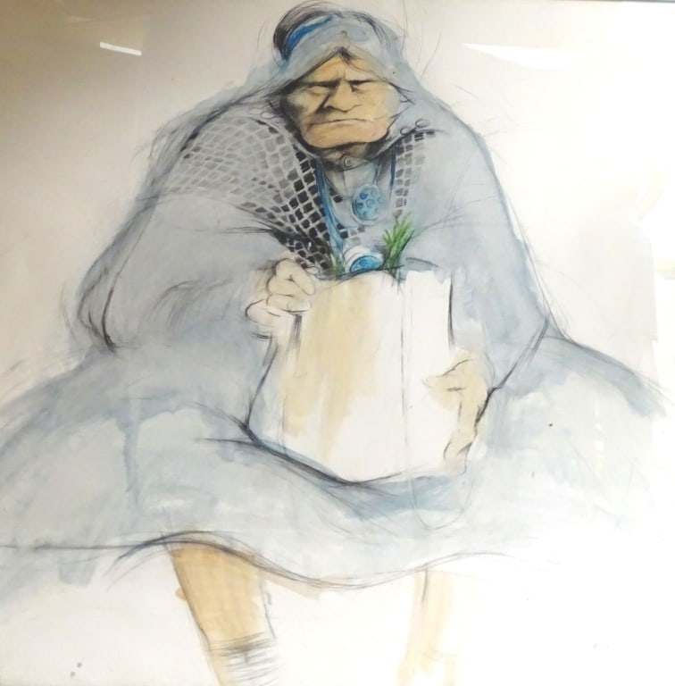 Watercolor "Old Woman with Bag" Signed Doyle '75 (1 of 7)