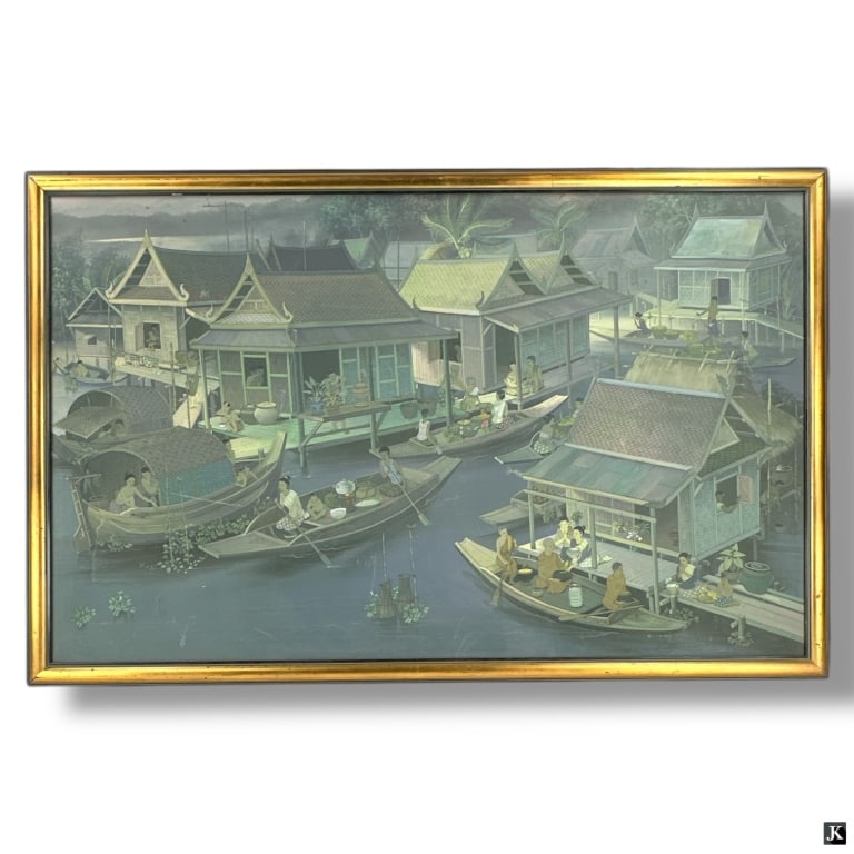 Large Vintage Chinese Oil/Canvas Fishing Village (1 of 5)