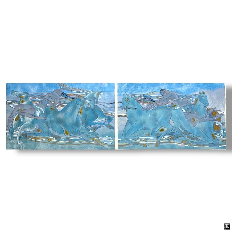 Yamin Young Diptych Screenprint "Celadon Horses": Yamin Young (Chinese B. 1959) Diptych Color Screenprint "Celadon Horses, 1990". Each sheet Pencil signed and numbered 61/275 A & 61/275 B. Nicely framed. Good condition. Each full sheet with deckled e