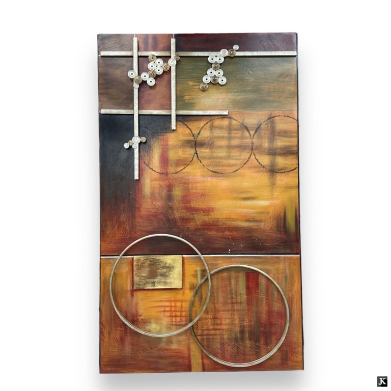 Contemporary Wood & Steel Abstract Assemblage: HUGE Contemporary Wood & Steel Abstract Assemblage. Acrylic ground with applied circles and bars. Unsigned. Good condition. Measures 82" x 49". KEYWORDS: Contemporary Abstract Assemblage, Wood and Ste