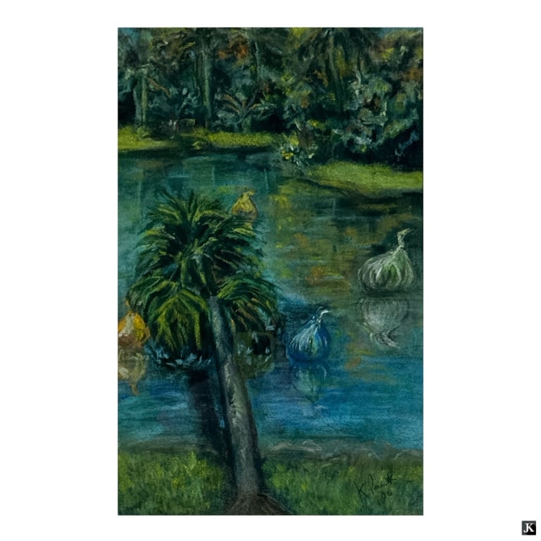 Signed Original Pastel Drawing "Palms on Lake": Original Pastel Drawing "Palms on Lake". Signed and dated '06 lower right. Framed, matted and presented under glass screen. Good condition. Measures 19" x 12" (sight), frame measures 28-1/2" x