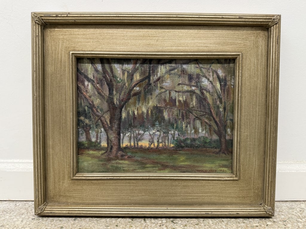 Artist Unknown Oil/Canvas: Artist unknown oil on canvas "Forest Scene". Signed illegibly and dated 1983 lower right. Minor wear on frame, otherwise in good condition. Frame measures14 5/8" x 17 1/2" Work measures 9" x 12" 14B