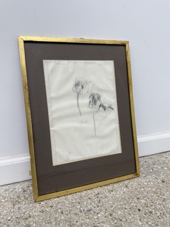 Artist Unknown Sketch Drawing/Paper: Artist unknown sketch drawing on paper "Two Flowers". Signed center with some writing verso. Framed and matted, with acrylic backing verso. Wear along the frame and minor blemishes on the work,