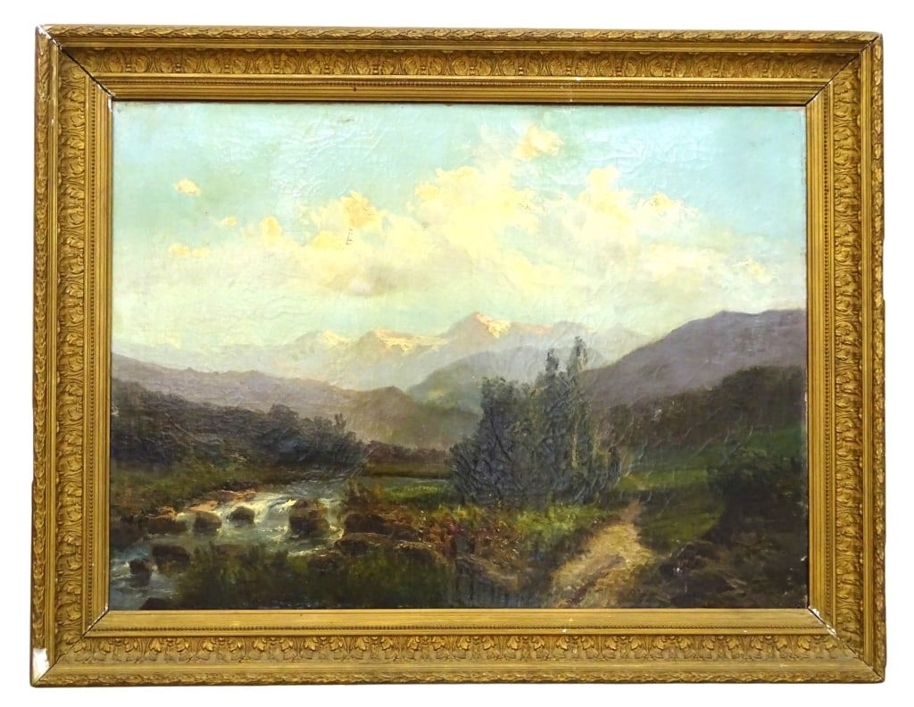 19C American Oil/Canvas "Mountain Landscape": 19th Century American Oil on Canvas "Mountain Landscape". No visible signature. Old Christie's label affixed to verso. Framed. Craquelure, A few small scratches and dings to canvas, likely from