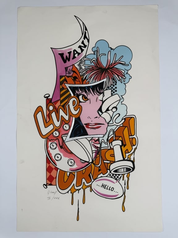 John 'Crash' Matos (b. 1961) Signed Serigraph: John 'Crash' Matos, American (b.1961) signed serigraph "Wanted". Signed and numbered IX/XXX lower left. Some blemishing and creases around the edges of the work, otherwise in good condition. Measures