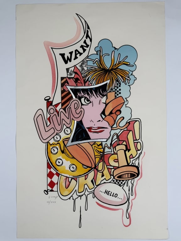 John 'Crash' Matos (b. 1961) Signed Serigraph: John 'Crash' Matos, American (b.1961) signed serigraph "Wanted". Signed and numbered XV/XXX lower left. Some blemishing and creases around the edges of the work, otherwise in good condition. Measures