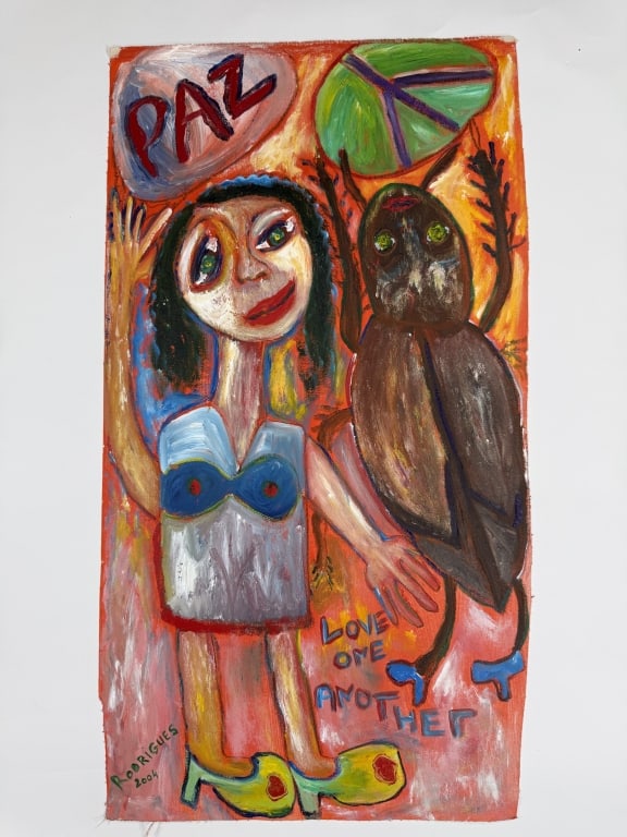 Hegina Rodrigues (20th century) Oil/Canvas: Hegina Rodrigues, Brazilian (20th century) oil on canvas " Love One Another" expressionist painting. Signed and dated 2004 lower left. Some wear along the edges of the work, otherwise in good
