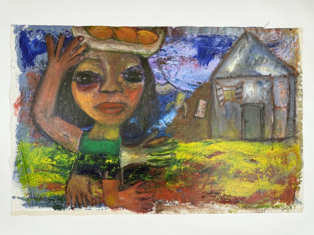 Hegina Rodrigues (20th century) Oil/Canvas: Hegina Rodrigues, Brazilian (20th century) oil on canvas expressionist painting Untitled. Signed and dated '87 lower left. Minor wear along the edges of the canvas and a crease on bottom left corner,
