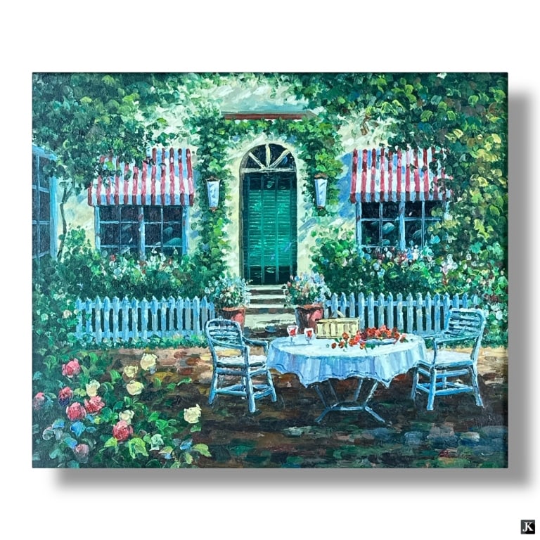 Decorative Framed Oil on Canvas "Alfresco": Decorative Framed Oil on Canvas "Alfresco". Signed Blendsoe lower right. Large heavy wood frame. Good condition. Measures 20" x 24", frame measures 32-1/2" x 36-1/2". keywords:Fine art, painting,