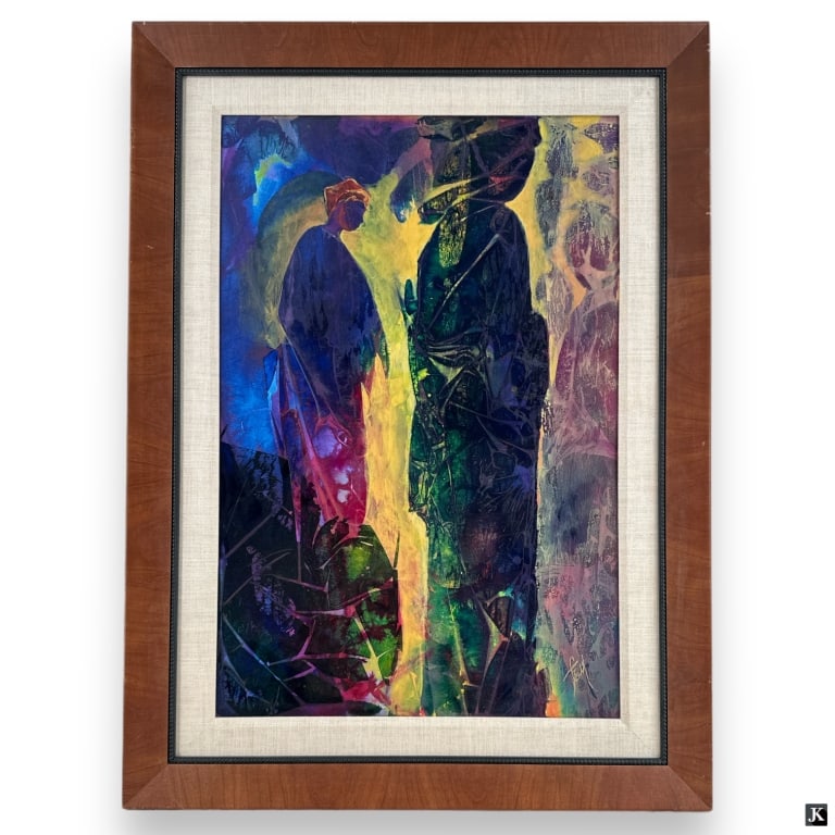 Mystery Artist Oil/Board "Abstract Composition": Mystery Artist Oil on Board "Figural Abstract Composition". Signed lower right. Good condition. Measures 29-1/2" x 19-1/2", frame measures 37-3/4" x 28". Keywords: abstract figural painting, mystery