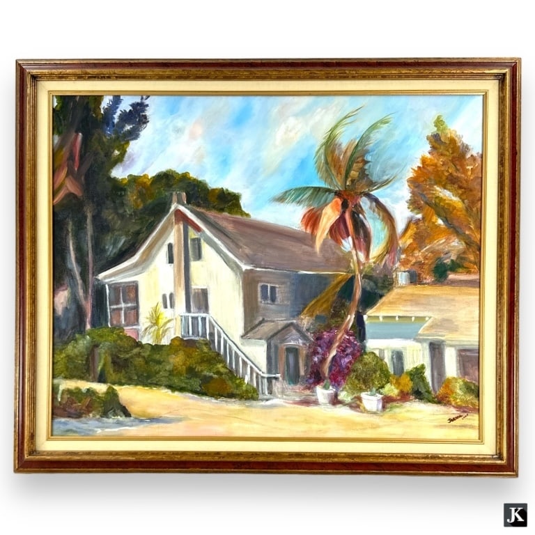 Signed Jeanne Oil Painting On Canvas Of Houses: Signed Jeanne oil painting on canvas depicting a houses and tree. Signed to lower right and dated 2008 (or possibly 2005). Mounted in a red and gold painted wooden frame. Canvas measures approx. 23