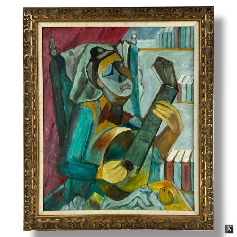 Vintage Cubist Oil on Canvas "Guitar Player": Vintage "Picasso Esse" Cubist Oil on Canvas "Guitar Player". Signed lower left: Picasso Esse. Framed. Soiling from storage, wear to frame. Measures 24" x 20", frame measures 28-3/4" x 24-1/2".